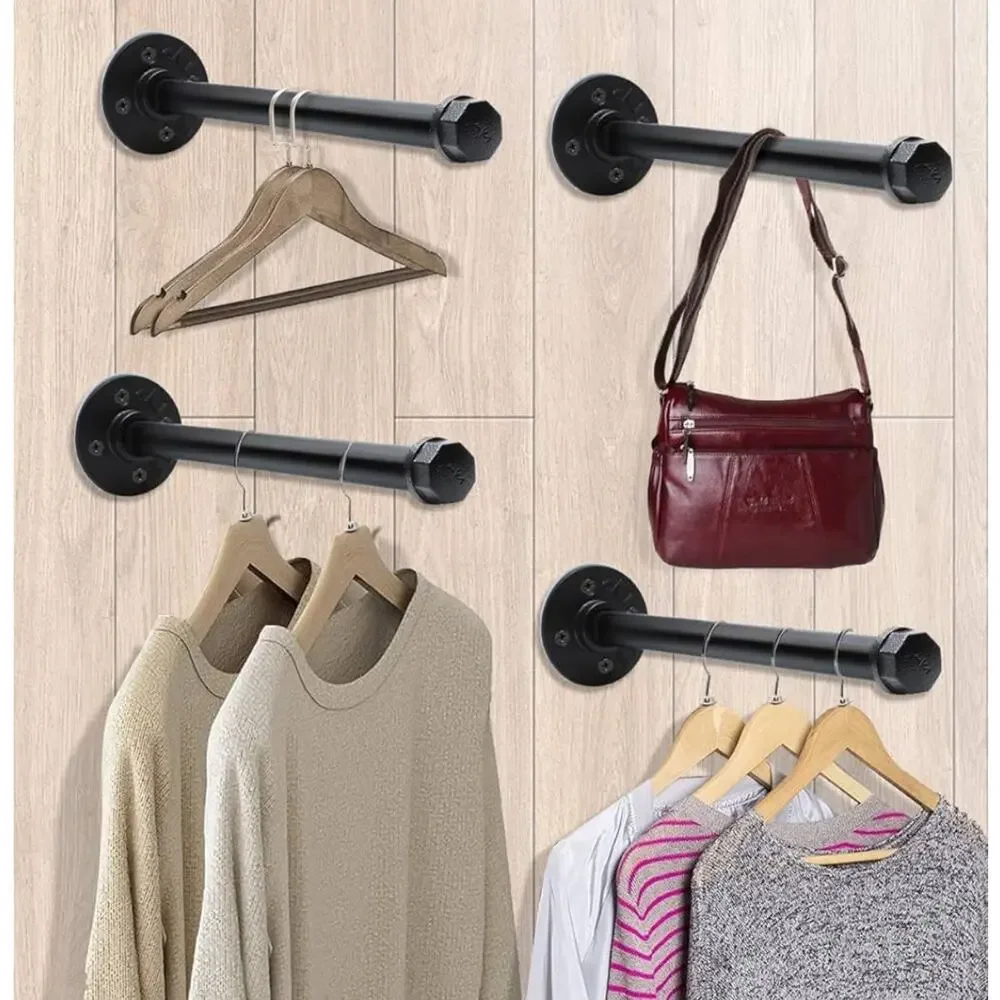 4 Pack 12 Inch Industrial Pipe Clothing Rack Wall Mounted Clothes Hanging Rod